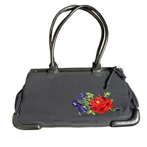 Vintage Y2K Black Structured Top Handle Satchel‎ Floral Embroidered Frame Purse